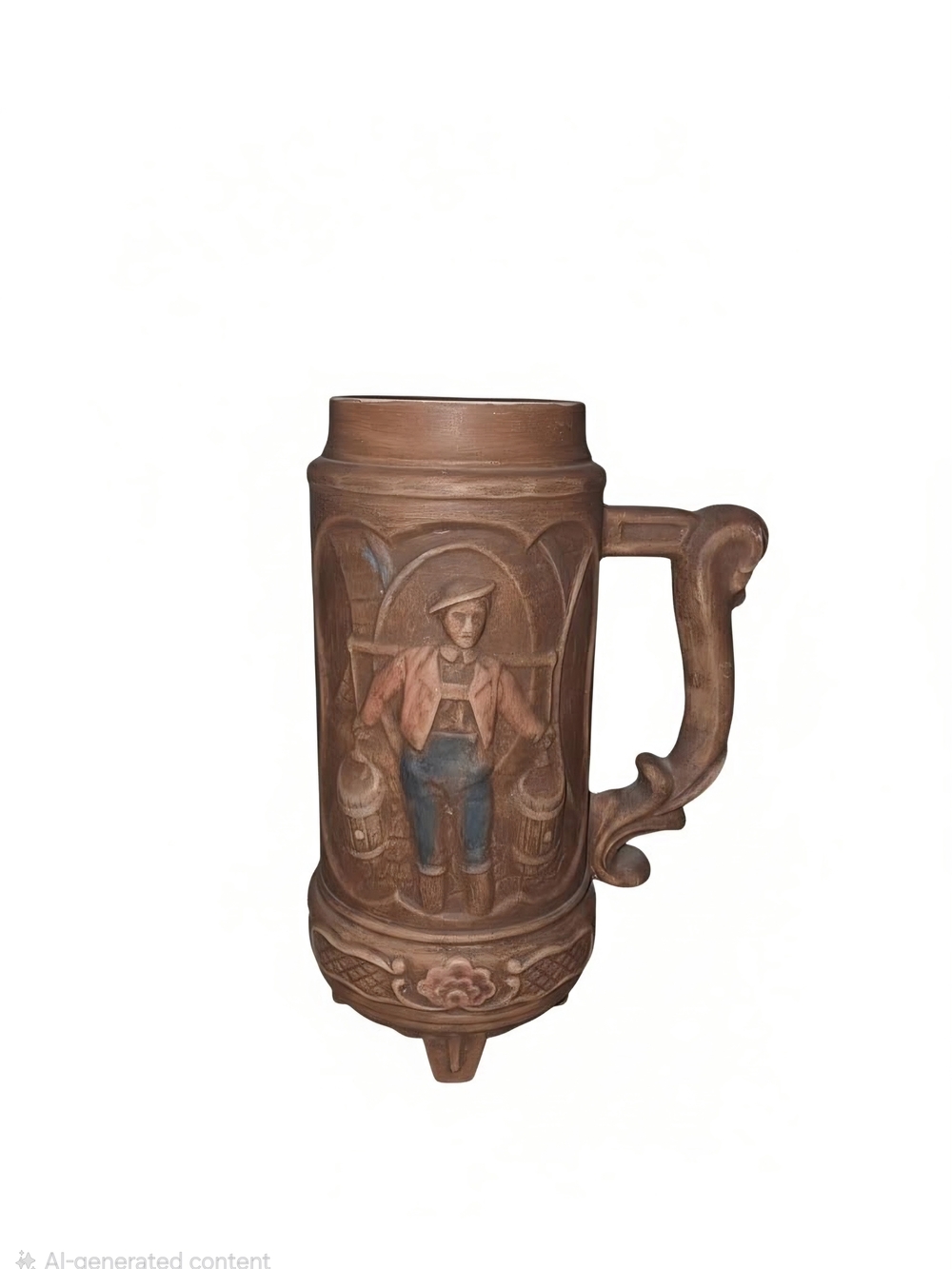 Vintage Handcrafted Brown Ceramic Stein Mug with Farmer Relief